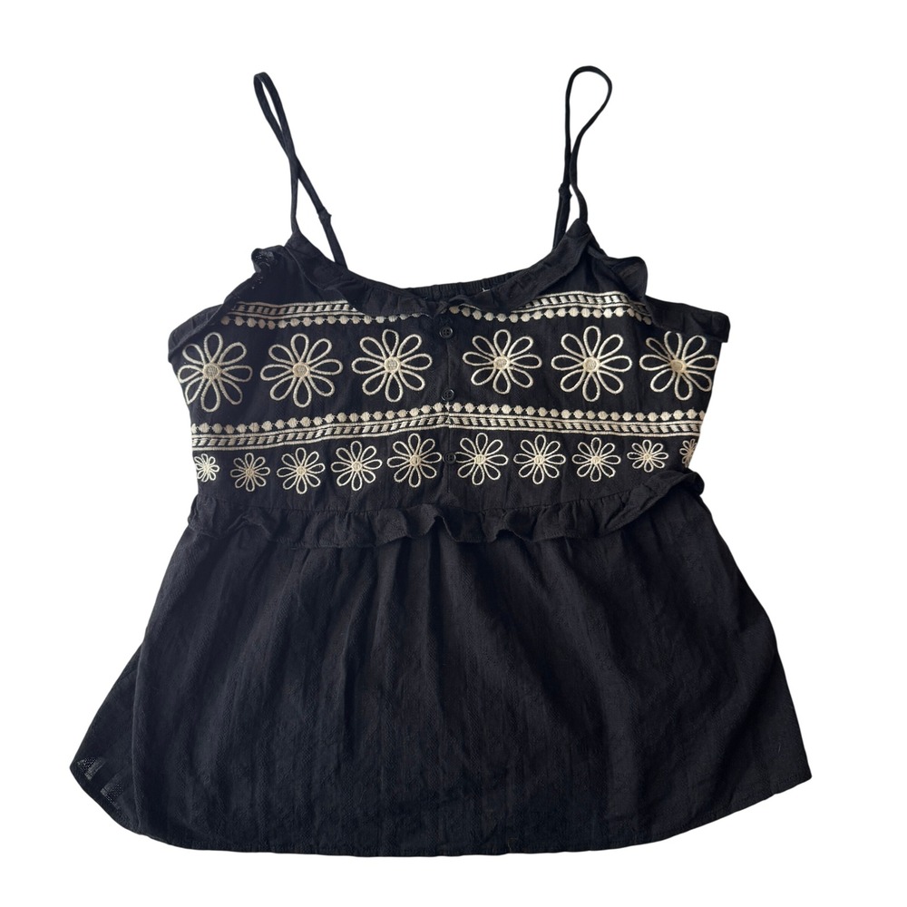 Floral Embroidered Cotton Babydoll Peplum Cami Top L Ruffle Boho Cottagecore